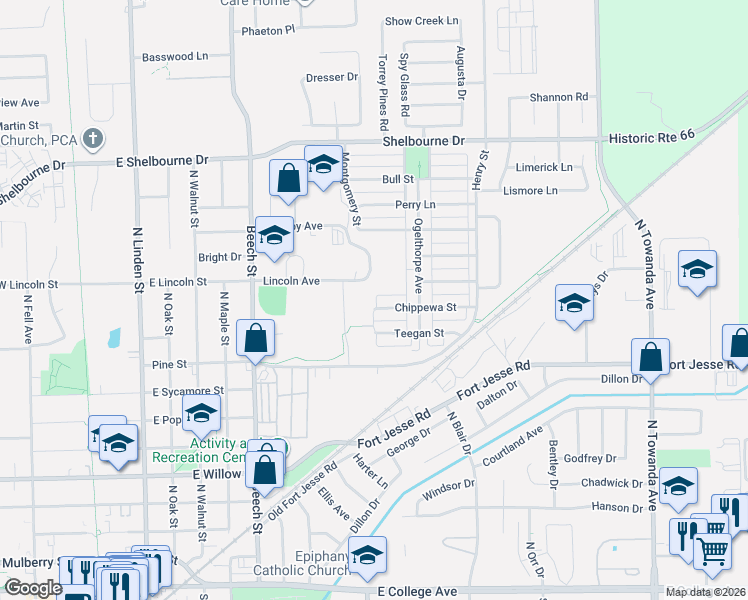 map of restaurants, bars, coffee shops, grocery stores, and more near 912 Chippewa Street in Normal