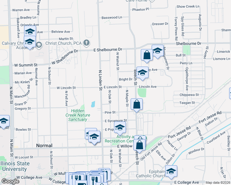 map of restaurants, bars, coffee shops, grocery stores, and more near 1008 North Walnut Street in Normal