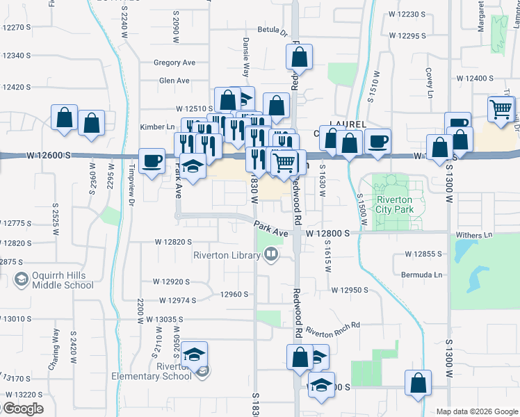 map of restaurants, bars, coffee shops, grocery stores, and more near 12738 Park Run Court in Riverton