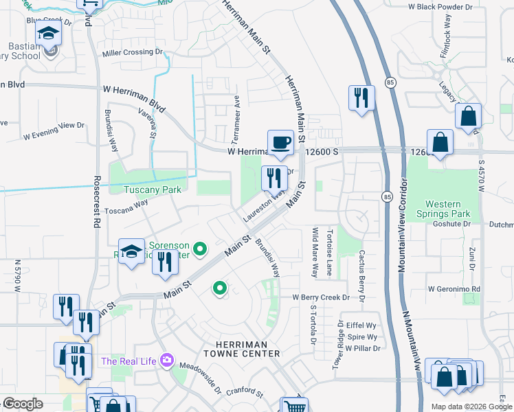 map of restaurants, bars, coffee shops, grocery stores, and more near 5156 Stockfield Lane in Herriman