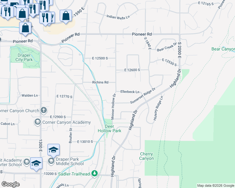 map of restaurants, bars, coffee shops, grocery stores, and more near 12763 Moose Hollow Drive in Draper