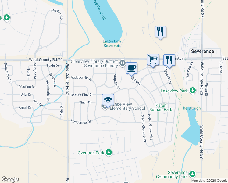 map of restaurants, bars, coffee shops, grocery stores, and more near 616 Scotch Pine Drive in Severance