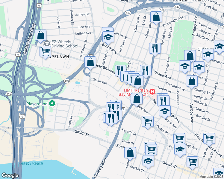 map of restaurants, bars, coffee shops, grocery stores, and more near 643 Sayre Avenue in Perth Amboy