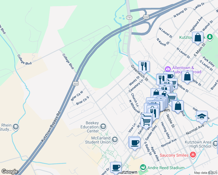 map of restaurants, bars, coffee shops, grocery stores, and more near 332 Fairview Drive in Kutztown