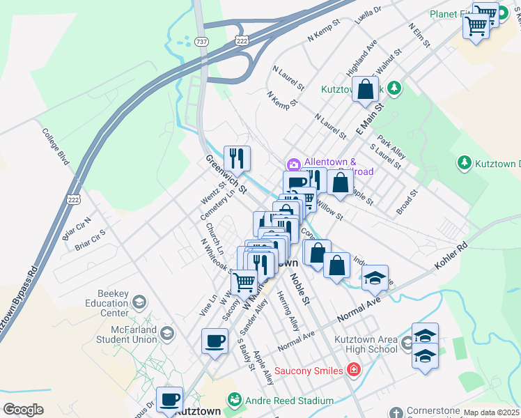 map of restaurants, bars, coffee shops, grocery stores, and more near 147 Greenwich Street in Kutztown