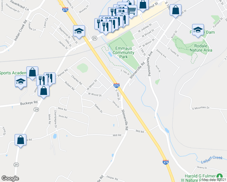 map of restaurants, bars, coffee shops, grocery stores, and more near 304 South 16th Street in Emmaus
