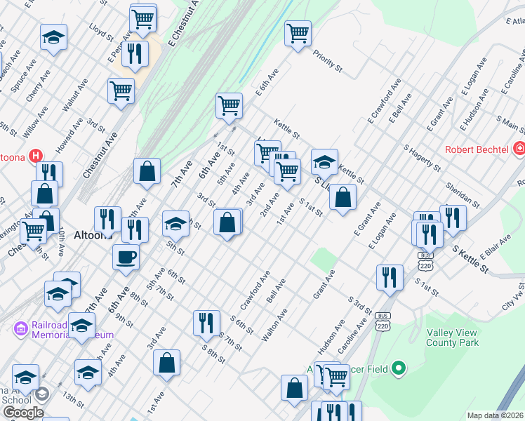 map of restaurants, bars, coffee shops, grocery stores, and more near 201 2nd Street in Altoona