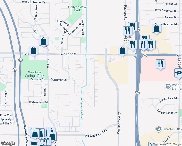 map of restaurants, bars, coffee shops, grocery stores, and more near 12737 South Quail Lake Drive in Riverton