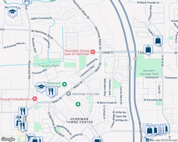 map of restaurants, bars, coffee shops, grocery stores, and more near 5124 Stockfield Lane in Herriman