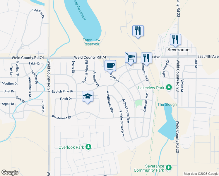 map of restaurants, bars, coffee shops, grocery stores, and more near 202 Windflower Way in Severance