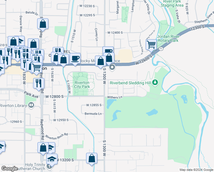 map of restaurants, bars, coffee shops, grocery stores, and more near 12736 South McCartney Way in Riverton