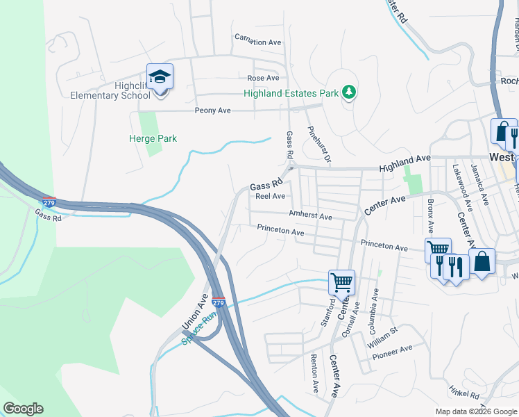 map of restaurants, bars, coffee shops, grocery stores, and more near 114 Amherst Avenue in Pittsburgh
