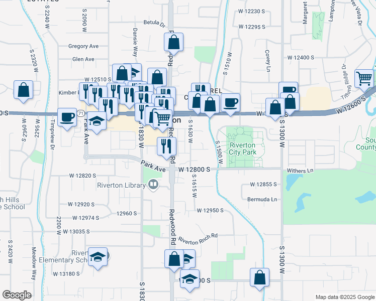 map of restaurants, bars, coffee shops, grocery stores, and more near 12734 South 1630 West in Riverton