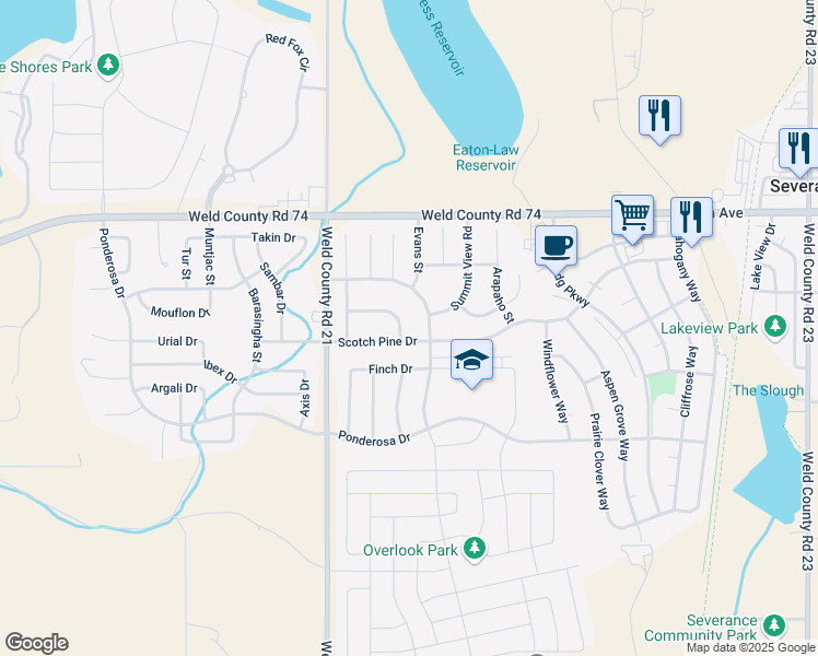 map of restaurants, bars, coffee shops, grocery stores, and more near 281 Audubon Boulevard in Severance