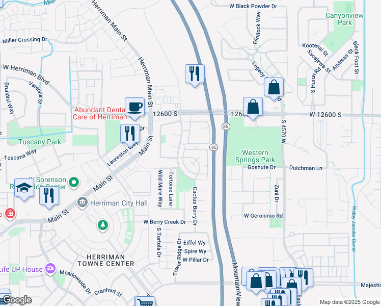 map of restaurants, bars, coffee shops, grocery stores, and more near 12767 Timber Run Drive in Riverton