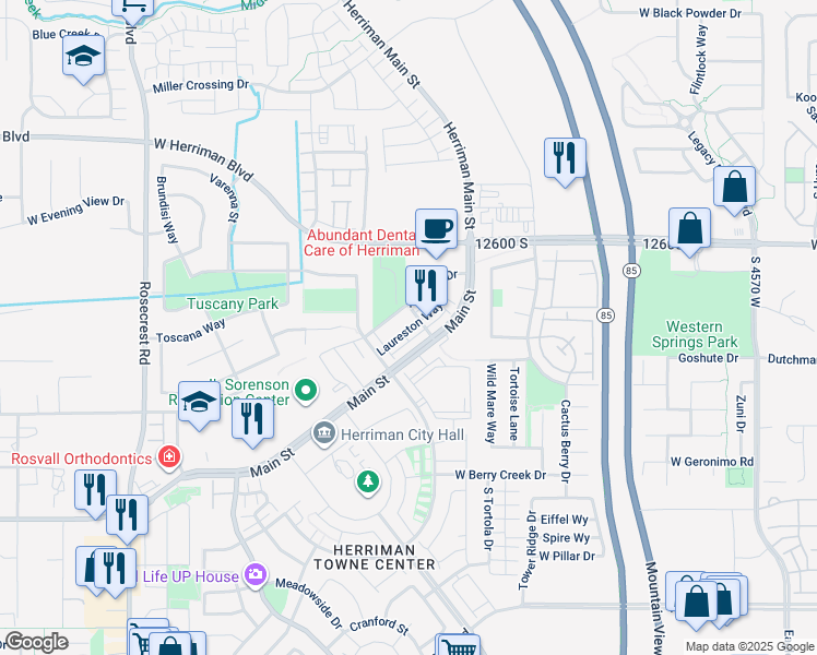 map of restaurants, bars, coffee shops, grocery stores, and more near 5156 Stockfield Lane in Herriman