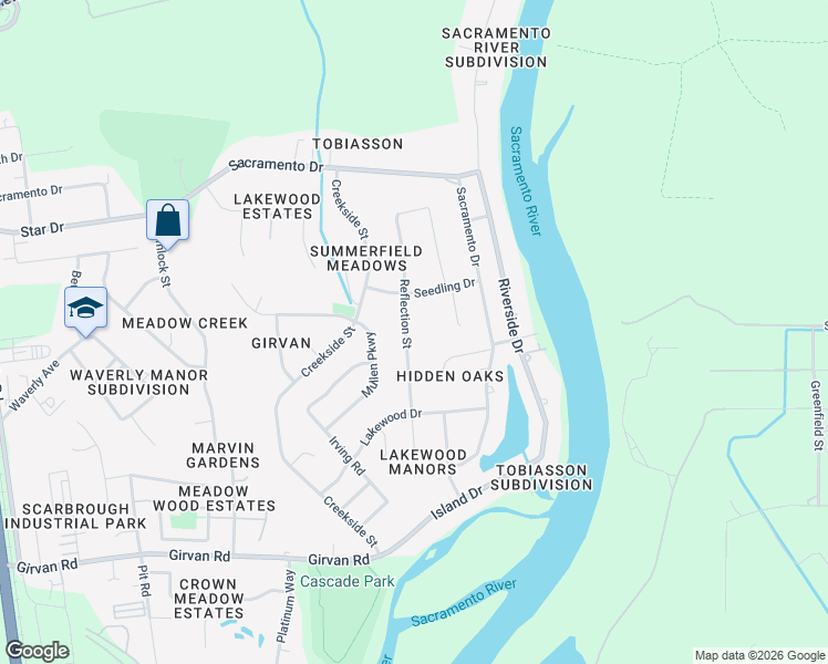 map of restaurants, bars, coffee shops, grocery stores, and more near 6754 Reflection Street in Redding