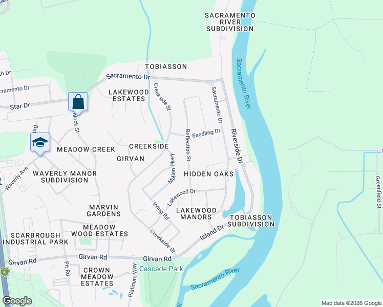 map of restaurants, bars, coffee shops, grocery stores, and more near 6754 Reflection Street in Redding