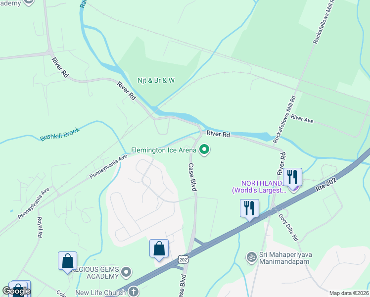 map of restaurants, bars, coffee shops, grocery stores, and more near 222 Pennsylvania Avenue in Flemington
