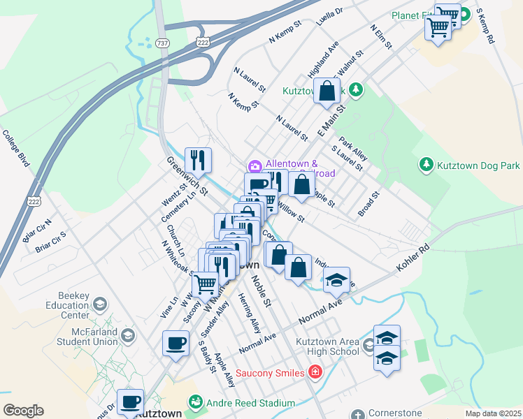 map of restaurants, bars, coffee shops, grocery stores, and more near 10 East Main Street in Kutztown