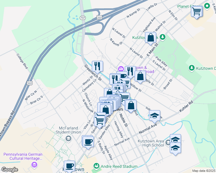 map of restaurants, bars, coffee shops, grocery stores, and more near 147 Greenwich Street in Kutztown