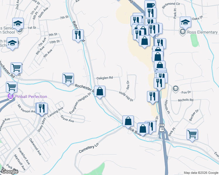 map of restaurants, bars, coffee shops, grocery stores, and more near 118 Holly Hill Drive in Pittsburgh