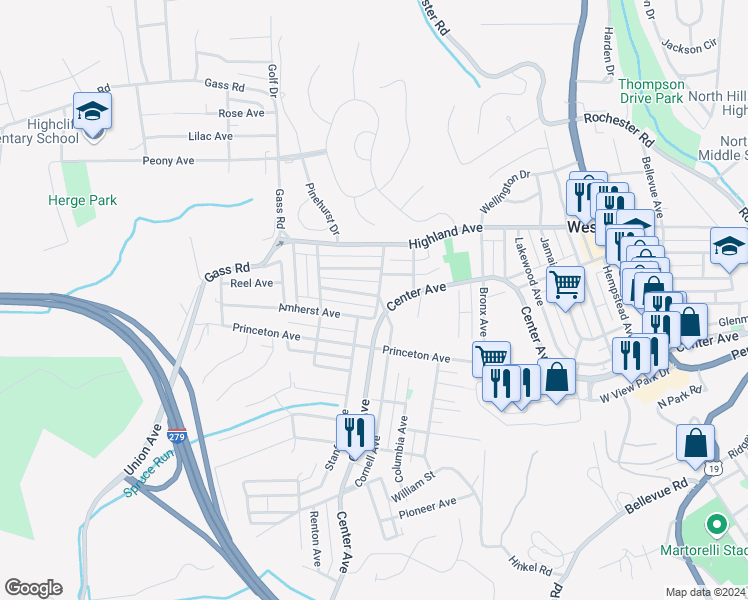 map of restaurants, bars, coffee shops, grocery stores, and more near 10 Amherst Avenue in Pittsburgh