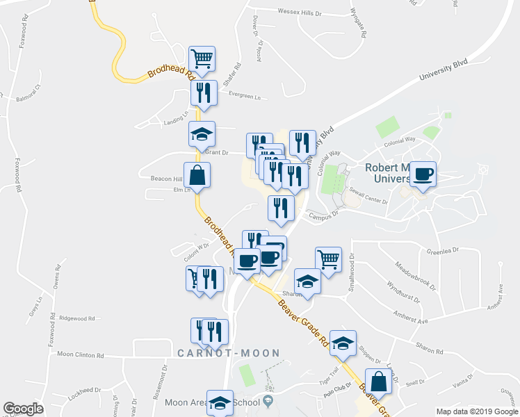 map of restaurants, bars, coffee shops, grocery stores, and more near 912 Farmhaven Drive in Coraopolis