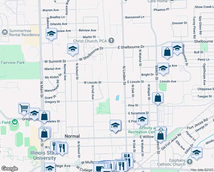 map of restaurants, bars, coffee shops, grocery stores, and more near 1 Dial Court in Normal