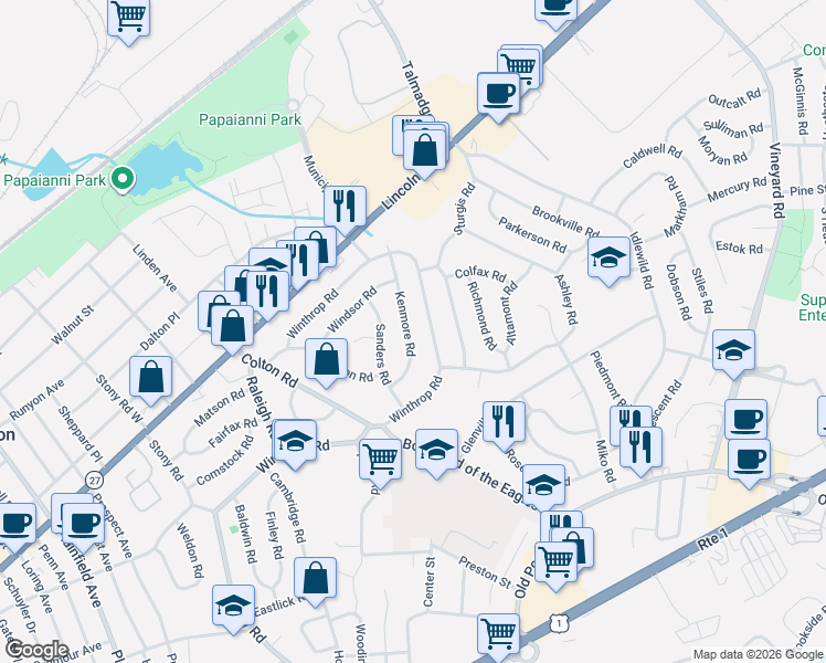 map of restaurants, bars, coffee shops, grocery stores, and more near 25 Kenmore Road in Edison