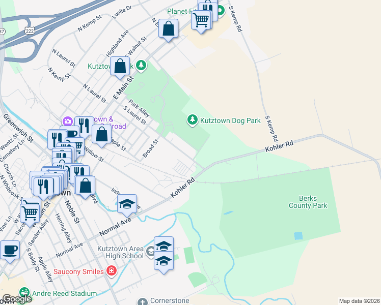 map of restaurants, bars, coffee shops, grocery stores, and more near 344 South Laurel Street in Kutztown