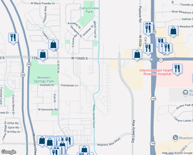 map of restaurants, bars, coffee shops, grocery stores, and more near in Riverton