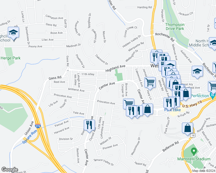 map of restaurants, bars, coffee shops, grocery stores, and more near 52 Columbia Avenue in Pittsburgh