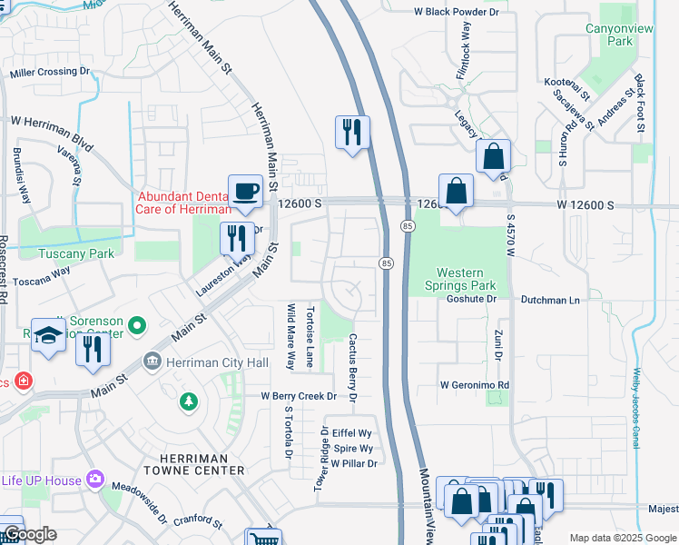 map of restaurants, bars, coffee shops, grocery stores, and more near 4917 Stormy Meadow Drive in Riverton