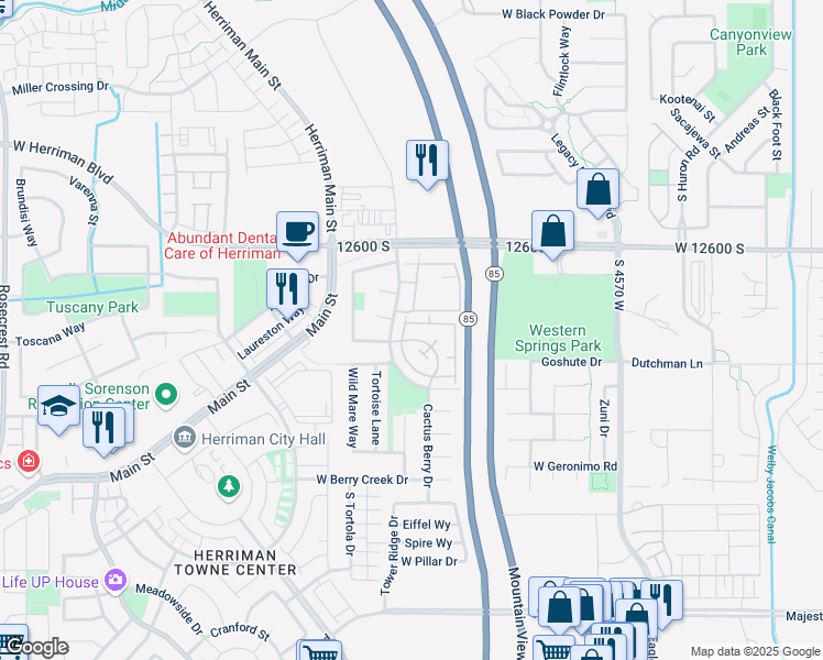 map of restaurants, bars, coffee shops, grocery stores, and more near 4917 Stormy Meadow Drive in Riverton