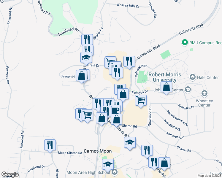 map of restaurants, bars, coffee shops, grocery stores, and more near 1200 College Park Drive in Coraopolis