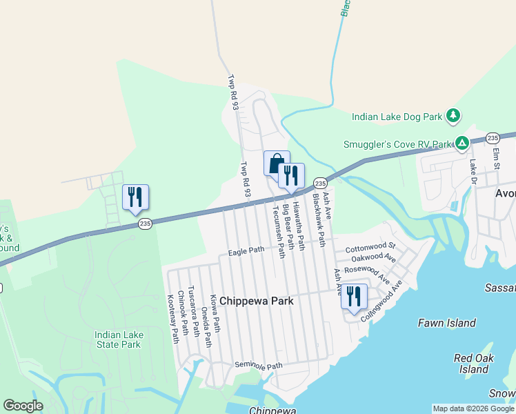 map of restaurants, bars, coffee shops, grocery stores, and more near 11422-11598 Chickasaw Path in Lakeview