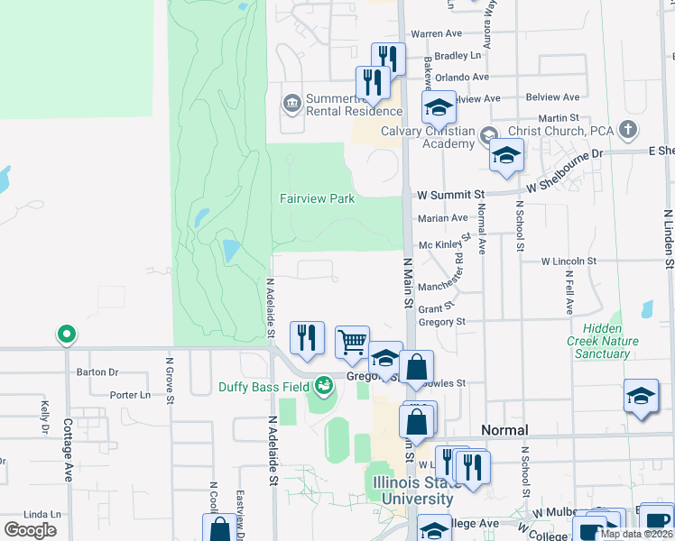 map of restaurants, bars, coffee shops, grocery stores, and more near 700 North Adelaide Street in Normal