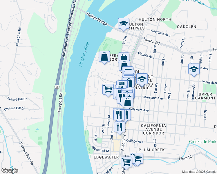 map of restaurants, bars, coffee shops, grocery stores, and more near 565 Cedar Way in Oakmont