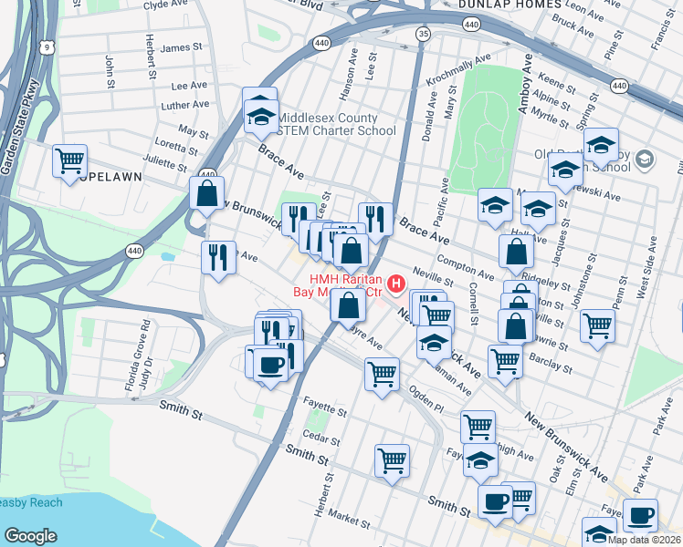 map of restaurants, bars, coffee shops, grocery stores, and more near 449 Stevenson Place in Perth Amboy