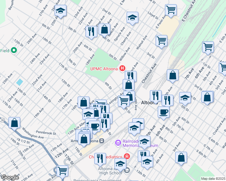 map of restaurants, bars, coffee shops, grocery stores, and more near in Altoona
