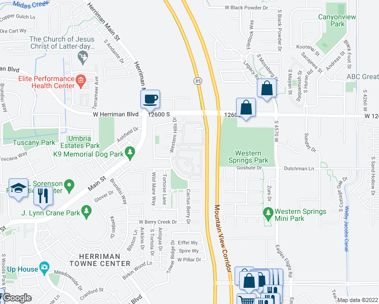 map of restaurants, bars, coffee shops, grocery stores, and more near 4879 Stormy Meadow Drive in Riverton