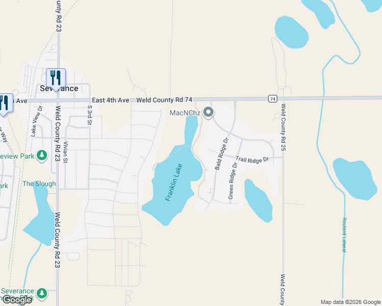 map of restaurants, bars, coffee shops, grocery stores, and more near 2028 Trail Ridge Circle in Severance