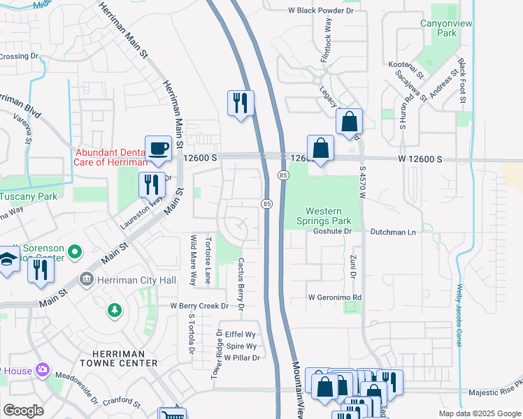 map of restaurants, bars, coffee shops, grocery stores, and more near 12766 Stormy Meadow Drive in Riverton