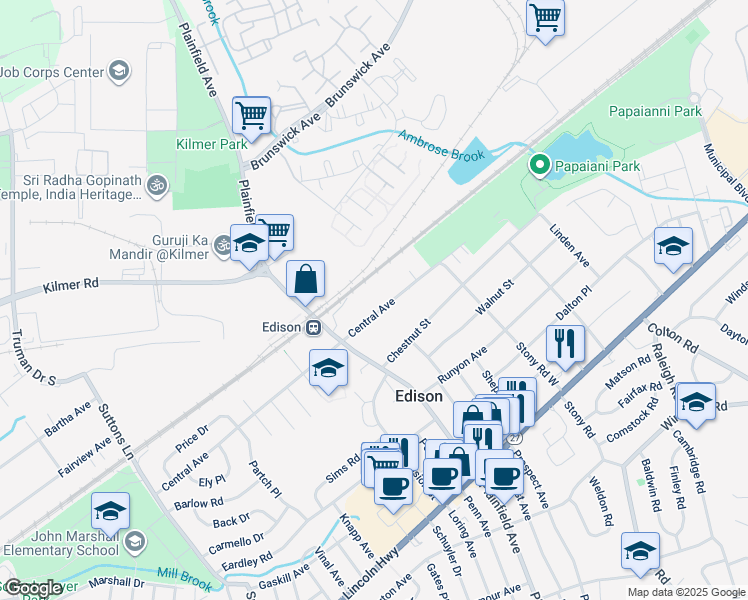 map of restaurants, bars, coffee shops, grocery stores, and more near 282 Central Avenue in Edison