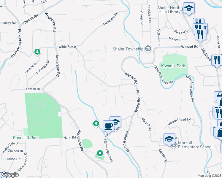map of restaurants, bars, coffee shops, grocery stores, and more near 5202 Teakwood Court in Pittsburgh