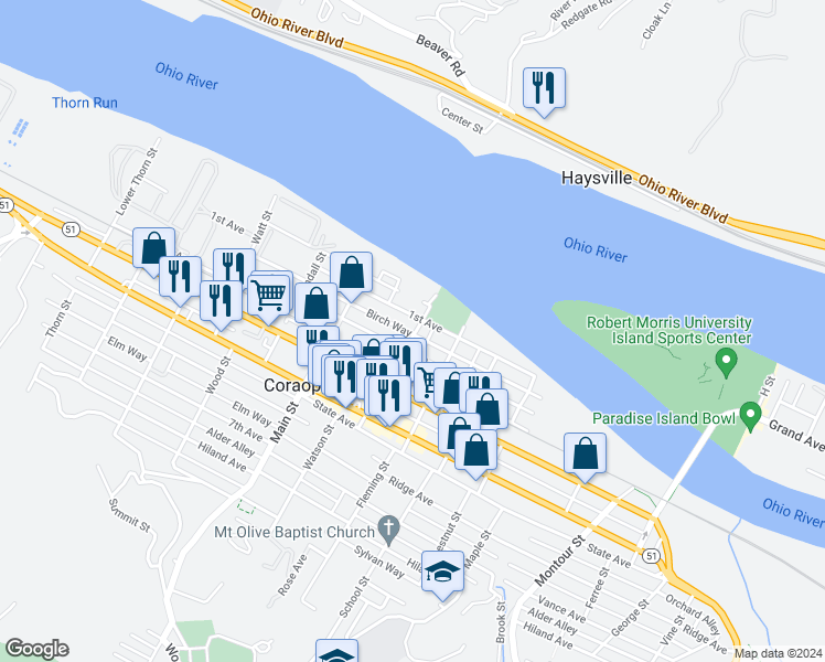 map of restaurants, bars, coffee shops, grocery stores, and more near 122 Mill Street in Coraopolis