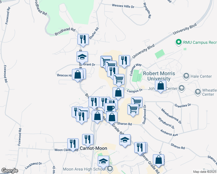 map of restaurants, bars, coffee shops, grocery stores, and more near 912 Farmhaven Drive in Coraopolis