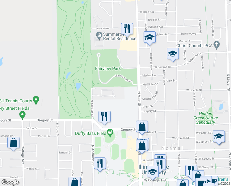 map of restaurants, bars, coffee shops, grocery stores, and more near 700 North Adelaide Street in Normal