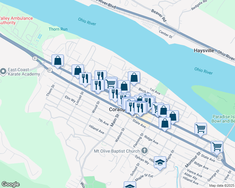 map of restaurants, bars, coffee shops, grocery stores, and more near 846 4th Avenue in Coraopolis